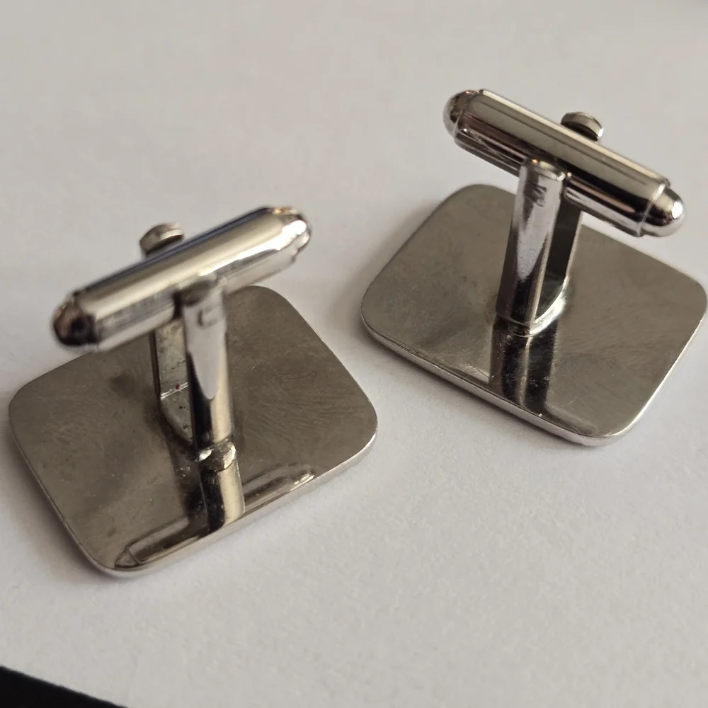 Vintage set cuff links tie clip silver tone geometric rhombus parallelogram